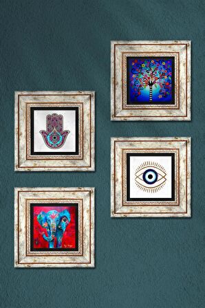 Nazar, Fil, Fatma Ana Eli (Hamsa), Hayat Ağacı Taş Duvar Tablosu Çerçeveli Duvar Dekoru 4 Parça Tablo Seti Wall Art