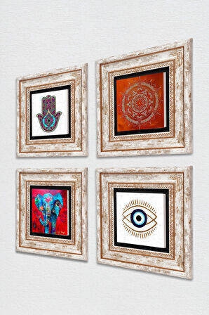 Nazar, Fil, Mandala, Fatma Ana Eli (Hamsa) Taş Duvar Tablosu Çerçeveli Duvar Dekoru 4 Parça Tablo Seti Wall Art