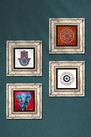 Nazar, Fil, Mandala, Fatma Ana Eli (Hamsa) Taş Duvar Tablosu Çerçeveli Duvar Dekoru 4 Parça Tablo Seti Wall Art