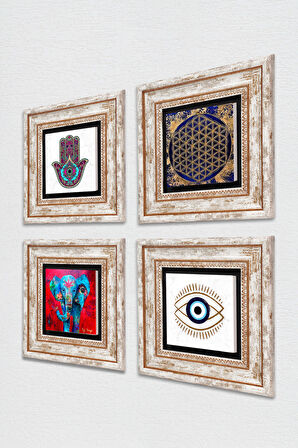 Nazar, Fil, Yaşam Çiçeği, Fatma Ana Eli (Hamsa) Taş Duvar Tablosu Çerçeveli Duvar Dekoru 4 Parça Tablo Seti Wall Art