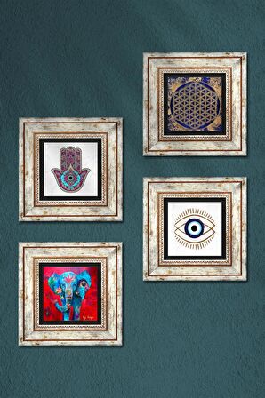 Nazar, Fil, Yaşam Çiçeği, Fatma Ana Eli (Hamsa) Taş Duvar Tablosu Çerçeveli Duvar Dekoru 4 Parça Tablo Seti Wall Art