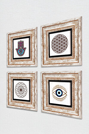 Nazar, Yaşam Çiçeği, Fatma Ana Eli (Hamsa) Taş Duvar Tablosu Çerçeveli Duvar Dekoru 4 Parça Tablo Seti Wall Art