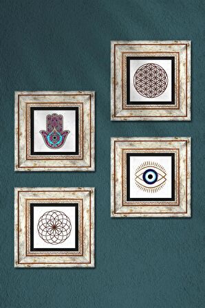 Nazar, Yaşam Çiçeği, Fatma Ana Eli (Hamsa) Taş Duvar Tablosu Çerçeveli Duvar Dekoru 4 Parça Tablo Seti Wall Art