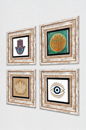 Nazar, Lotus Çiçeği, Fatma Ana Eli (Hamsa) Taş Duvar Tablosu Çerçeveli Duvar Dekoru 4 Parça Tablo Seti Wall Art