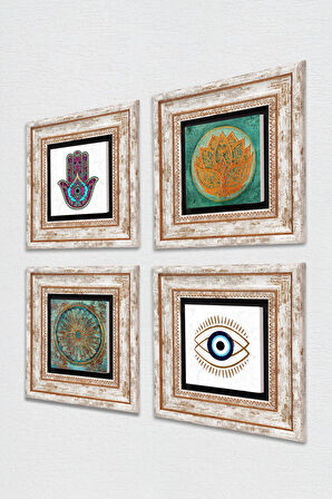 Nazar, Lotus Çiçeği, Yaşam Çiçeği, Fatma Ana Eli (Hamsa) Taş Duvar Tablosu Çerçeveli Duvar Dekoru 4 Parça Tablo Seti Wall Art