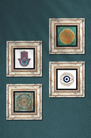 Nazar, Lotus Çiçeği, Yaşam Çiçeği, Fatma Ana Eli (Hamsa) Taş Duvar Tablosu Çerçeveli Duvar Dekoru 4 Parça Tablo Seti Wall Art