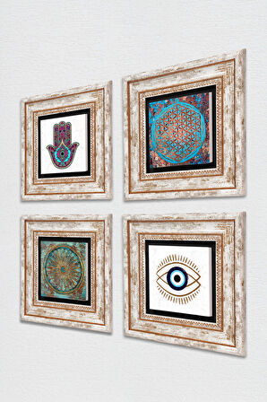 Nazar, Yaşam Çiçeği, Fatma Ana Eli (Hamsa) Taş Duvar Tablosu Çerçeveli Duvar Dekoru 4 Parça Tablo Seti Wall Art