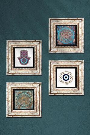 Nazar, Yaşam Çiçeği, Fatma Ana Eli (Hamsa) Taş Duvar Tablosu Çerçeveli Duvar Dekoru 4 Parça Tablo Seti Wall Art