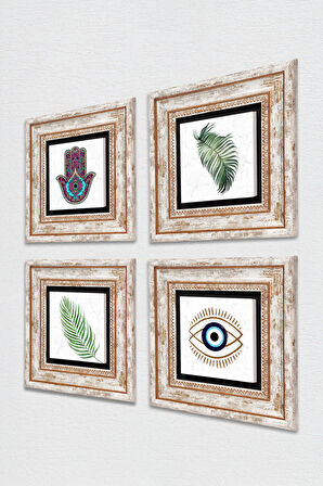 Nazar, Yaprak, Fatma Ana Eli (Hamsa) Taş Duvar Tablosu Çerçeveli Duvar Dekoru 4 Parça Tablo Seti Wall Art