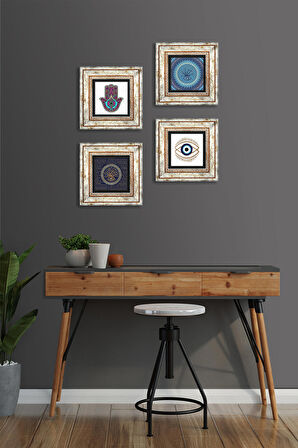 Nazar, Fatma Ana Eli (Hamsa) Taş Duvar Tablosu Çerçeveli Duvar Dekoru 4 Parça Tablo Seti Wall Art