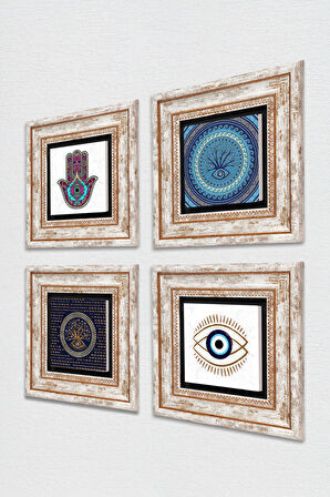 Nazar, Fatma Ana Eli (Hamsa) Taş Duvar Tablosu Çerçeveli Duvar Dekoru 4 Parça Tablo Seti Wall Art