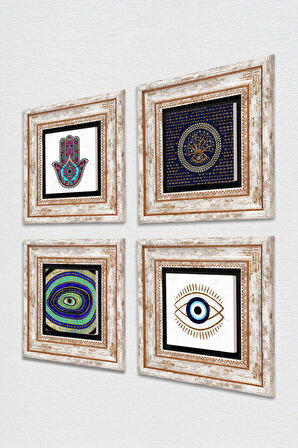 Nazar, Fatma Ana Eli (Hamsa) Taş Duvar Tablosu Çerçeveli Duvar Dekoru 4 Parça Tablo Seti Wall Art