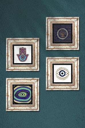 Nazar, Fatma Ana Eli (Hamsa) Taş Duvar Tablosu Çerçeveli Duvar Dekoru 4 Parça Tablo Seti Wall Art