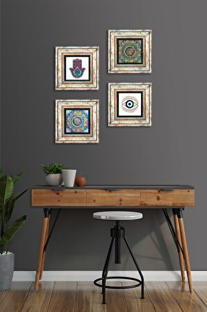 Nazar, Mandala, Fatma Ana Eli (Hamsa) Taş Duvar Tablosu Çerçeveli Duvar Dekoru 4 Parça Tablo Seti Wall Art