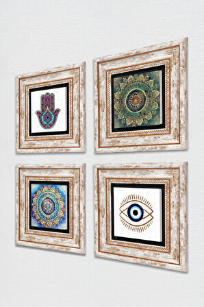 Nazar, Mandala, Fatma Ana Eli (Hamsa) Taş Duvar Tablosu Çerçeveli Duvar Dekoru 4 Parça Tablo Seti Wall Art