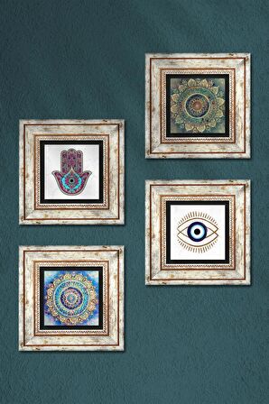 Nazar, Mandala, Fatma Ana Eli (Hamsa) Taş Duvar Tablosu Çerçeveli Duvar Dekoru 4 Parça Tablo Seti Wall Art