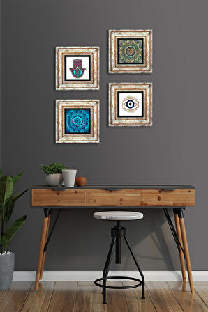 Nazar, Mandala, Fatma Ana Eli (Hamsa) Taş Duvar Tablosu Çerçeveli Duvar Dekoru 4 Parça Tablo Seti Wall Art