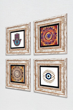 Nazar, Mandala, Fatma Ana Eli (Hamsa) Taş Duvar Tablosu Çerçeveli Duvar Dekoru 4 Parça Tablo Seti Wall Art
