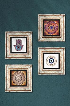 Nazar, Mandala, Fatma Ana Eli (Hamsa) Taş Duvar Tablosu Çerçeveli Duvar Dekoru 4 Parça Tablo Seti Wall Art