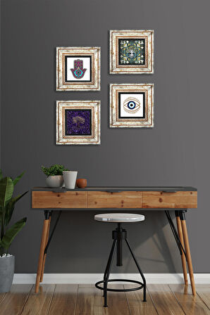 Nazar, Hayat Ağacı, Fatma Ana Eli (Hamsa) Taş Duvar Tablosu Çerçeveli Duvar Dekoru 4 Parça Tablo Seti Wall Art
