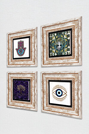 Nazar, Hayat Ağacı, Fatma Ana Eli (Hamsa) Taş Duvar Tablosu Çerçeveli Duvar Dekoru 4 Parça Tablo Seti Wall Art