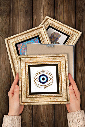 Nazar, Hayat Ağacı, Fatma Ana Eli (Hamsa) Taş Duvar Tablosu Çerçeveli Duvar Dekoru 4 Parça Tablo Seti Wall Art