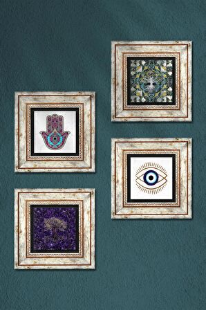 Nazar, Hayat Ağacı, Fatma Ana Eli (Hamsa) Taş Duvar Tablosu Çerçeveli Duvar Dekoru 4 Parça Tablo Seti Wall Art