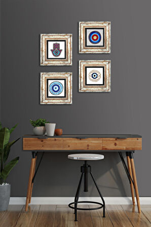 Nazar, Fatma Ana Eli (Hamsa) Taş Duvar Tablosu Çerçeveli Duvar Dekoru 4 Parça Tablo Seti Wall Art