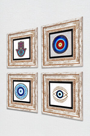 Nazar, Fatma Ana Eli (Hamsa) Taş Duvar Tablosu Çerçeveli Duvar Dekoru 4 Parça Tablo Seti Wall Art