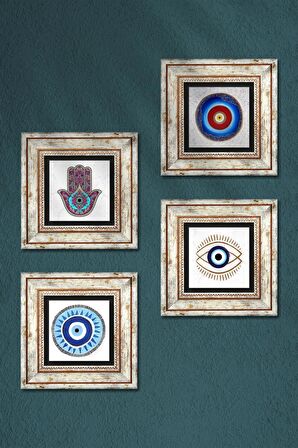 Nazar, Fatma Ana Eli (Hamsa) Taş Duvar Tablosu Çerçeveli Duvar Dekoru 4 Parça Tablo Seti Wall Art