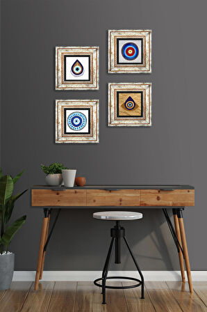 Nazar Taş Duvar Tablosu Çerçeveli Duvar Dekoru 4 Parça Tablo Seti Wall Art