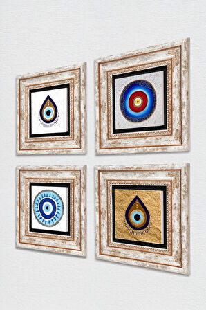 Nazar Taş Duvar Tablosu Çerçeveli Duvar Dekoru 4 Parça Tablo Seti Wall Art