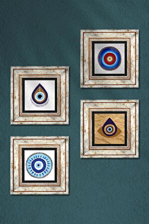 Nazar Taş Duvar Tablosu Çerçeveli Duvar Dekoru 4 Parça Tablo Seti Wall Art