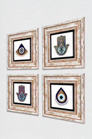 Nazar, Fatma Ana Eli (Hamsa) Taş Duvar Tablosu Çerçeveli Duvar Dekoru 4 Parça Tablo Seti Wall Art