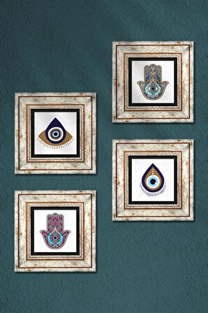 Nazar, Fatma Ana Eli (Hamsa) Taş Duvar Tablosu Çerçeveli Duvar Dekoru 4 Parça Tablo Seti Wall Art