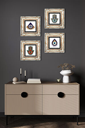 Nazar, Fatma Ana Eli (Hamsa) Taş Duvar Tablosu Çerçeveli Duvar Dekoru 4 Parça Tablo Seti Wall Art