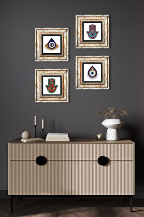 Nazar, Fatma Ana Eli (Hamsa) Taş Duvar Tablosu Çerçeveli Duvar Dekoru 4 Parça Tablo Seti Wall Art