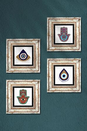 Nazar, Fatma Ana Eli (Hamsa) Taş Duvar Tablosu Çerçeveli Duvar Dekoru 4 Parça Tablo Seti Wall Art