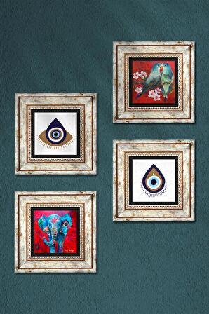 Nazar, Fil, Kuş Taş Duvar Tablosu Çerçeveli Duvar Dekoru 4 Parça Tablo Seti Wall Art