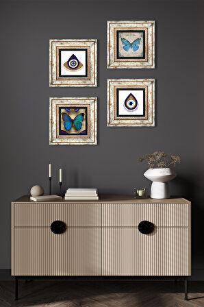 Nazar, Kelebek Taş Duvar Tablosu Çerçeveli Duvar Dekoru 4 Parça Tablo Seti Wall Art