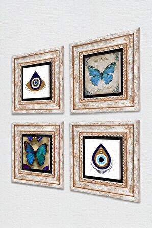Nazar, Kelebek Taş Duvar Tablosu Çerçeveli Duvar Dekoru 4 Parça Tablo Seti Wall Art