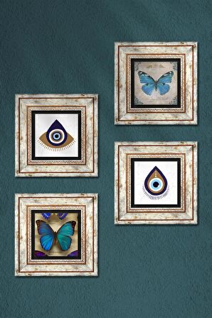 Nazar, Kelebek Taş Duvar Tablosu Çerçeveli Duvar Dekoru 4 Parça Tablo Seti Wall Art