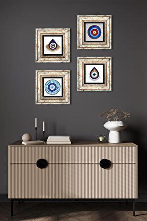 Nazar Taş Duvar Tablosu Çerçeveli Duvar Dekoru 4 Parça Tablo Seti Wall Art
