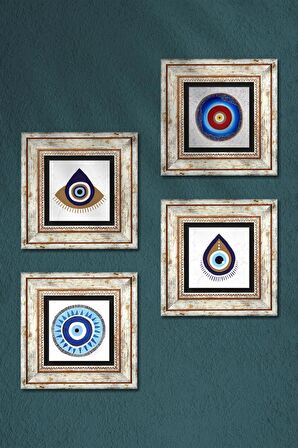 Nazar Taş Duvar Tablosu Çerçeveli Duvar Dekoru 4 Parça Tablo Seti Wall Art