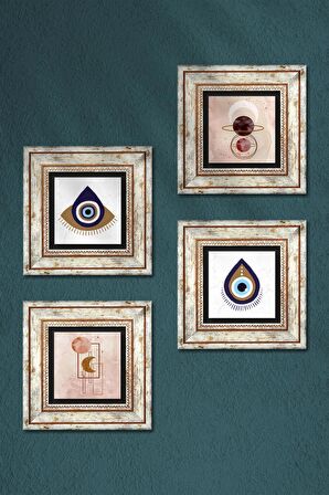 Nazar, Minimalist Soyut Taş Duvar Tablosu Çerçeveli Duvar Dekoru 4 Parça Tablo Seti Wall Art