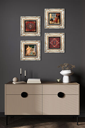 Desen, Satranç Oyunu, İki Müzisyen Kız Tablosu Taş Duvar Tablosu Çerçeveli Duvar Dekoru 4 Parça Tablo Seti Wall Art