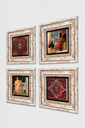 Desen, Satranç Oyunu, İki Müzisyen Kız Tablosu Taş Duvar Tablosu Çerçeveli Duvar Dekoru 4 Parça Tablo Seti Wall Art