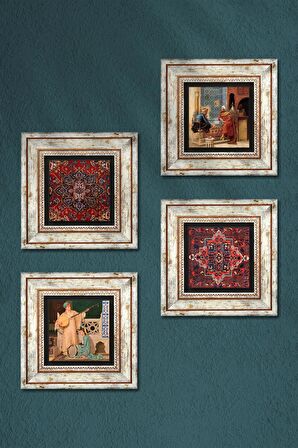 Desen, Satranç Oyunu, İki Müzisyen Kız Tablosu Taş Duvar Tablosu Çerçeveli Duvar Dekoru 4 Parça Tablo Seti Wall Art