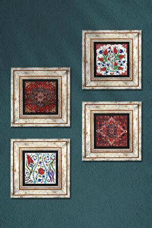 Desen, Lale Taş Duvar Tablosu Çerçeveli Duvar Dekoru 4 Parça Tablo Seti Wall Art