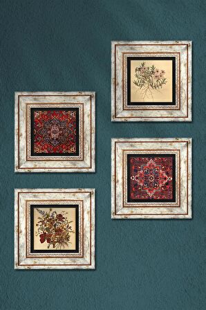Desen, Vintage Çiçek Taş Duvar Tablosu Çerçeveli Duvar Dekoru 4 Parça Tablo Seti Wall Art